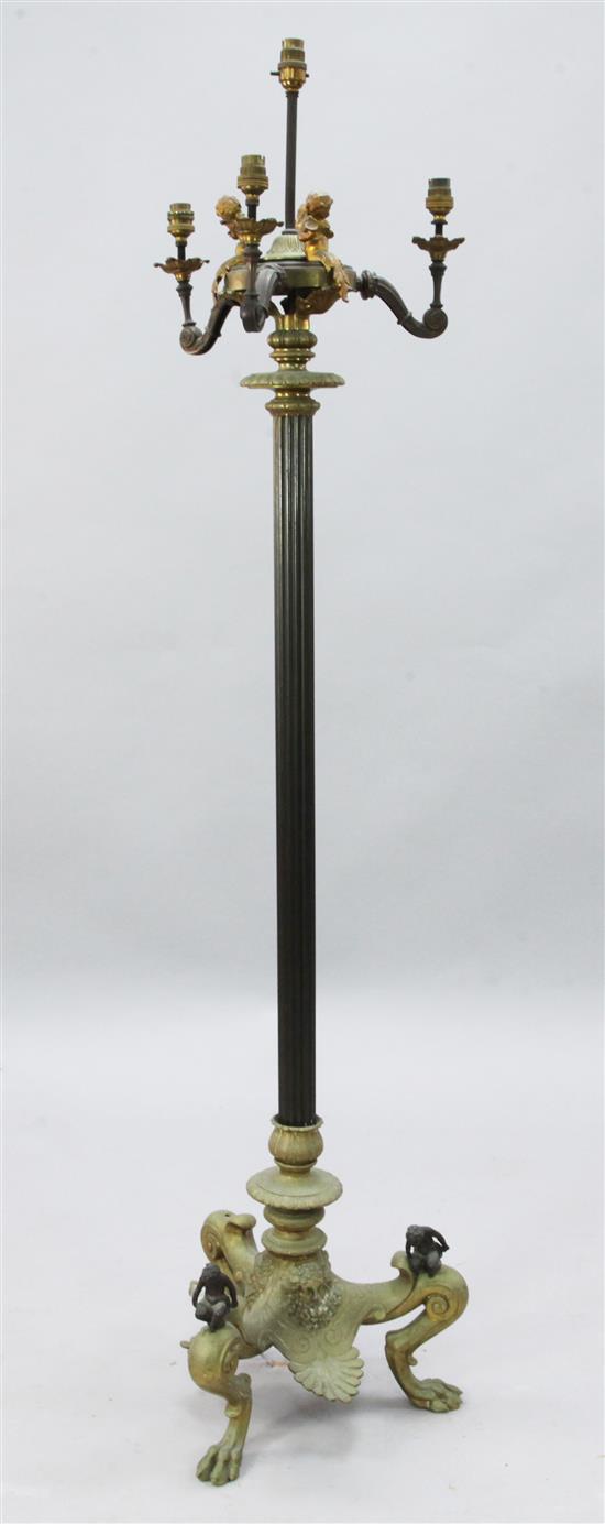 An early 20th century French three colour bronze lamp standard, H.5ft 4in.